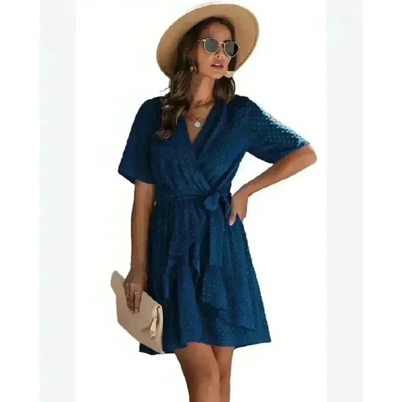 Swiss Dot Faux Wrap Dress with Lining Deep Blue Size S - Picture 12 of 12
